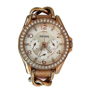Fossil Watch Vintage 90s Rose Gold Crystal Bezel Leather Chronograph